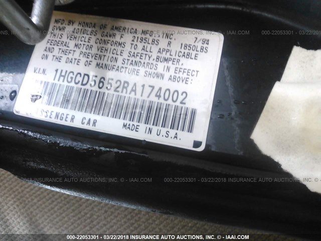 1HGCD5652RA174002 - 1994 HONDA ACCORD EX/EX-R GREEN photo 9