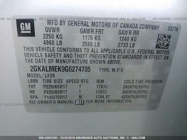 2GKALMEK9G6274705 - 2016 GMC TERRAIN SLE SILVER photo 9