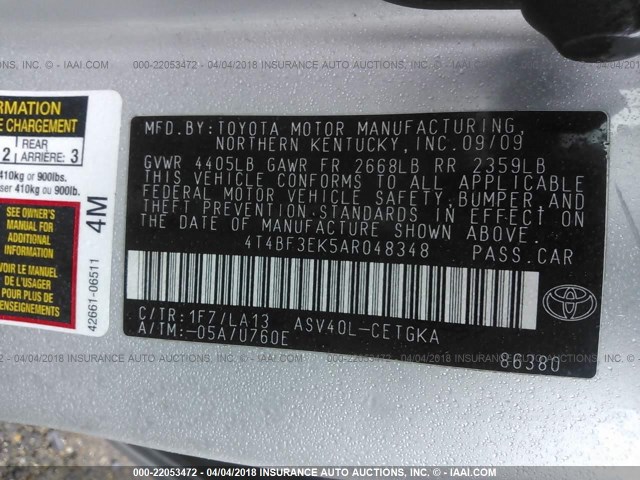 4T4BF3EK5AR048348 - 2010 TOYOTA CAMRY SE/LE/XLE SILVER photo 9