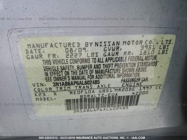 3N1AB6AP6AL602485 - 2010 NISSAN SENTRA 2.0/2.0S/SR/2.0SL SILVER photo 9