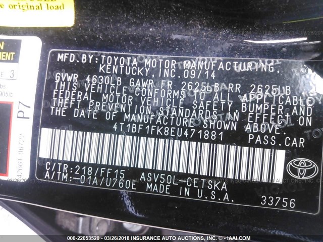 4T1BF1FK8EU471881 - 2014 TOYOTA CAMRY L/SE/LE/XLE BLACK photo 9