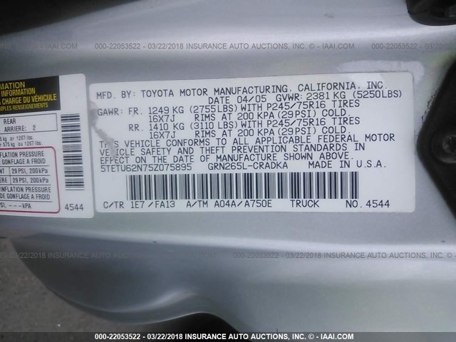5TETU62N75Z075895 - 2005 TOYOTA TACOMA PRERUNNER ACCESS CAB SILVER photo 9