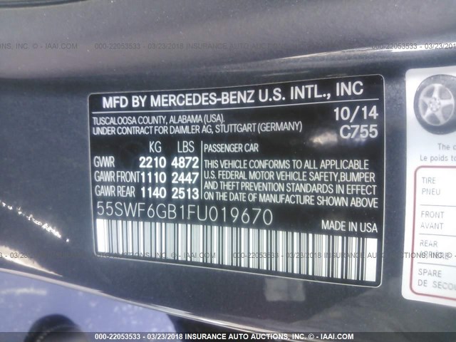55SWF6GB1FU019670 - 2015 MERCEDES-BENZ C 400 4MATIC GRAY photo 9