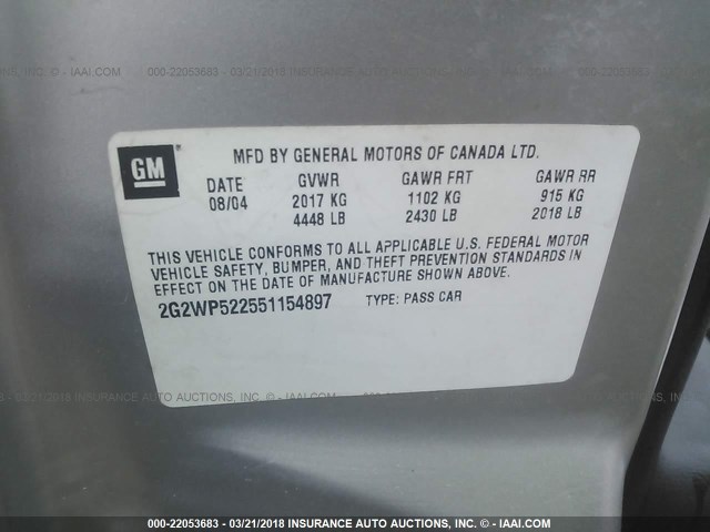2G2WP522551154897 - 2005 PONTIAC GRAND PRIX SILVER photo 9