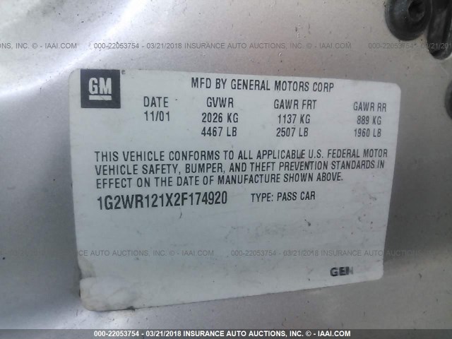 1G2WR121X2F174920 - 2002 PONTIAC GRAND PRIX GTP SILVER photo 9