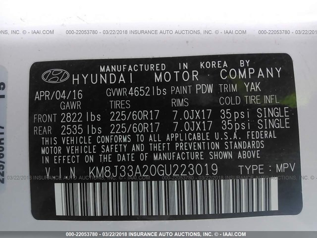 KM8J33A20GU223019 - 2016 HYUNDAI TUCSON LIMITED/SPORT AND ECO/SE WHITE photo 9