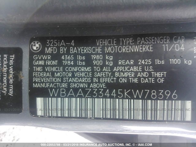 WBAAZ33445KW78396 - 2005 BMW 325 IS SULEV SILVER photo 9