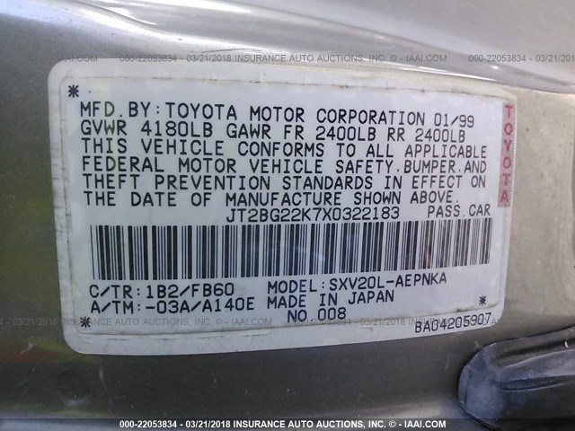 JT2BG22K7X0322183 - 1999 TOYOTA CAMRY LE/XLE GRAY photo 9