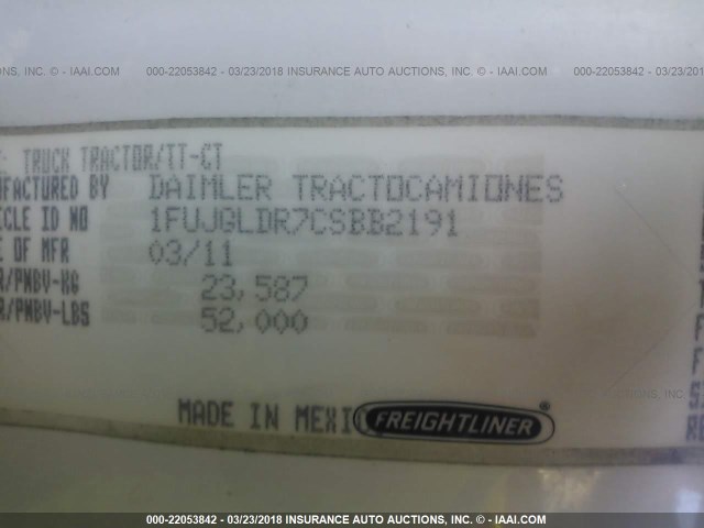 1FUJGLDR7CSBB2191 - 2012 FREIGHTLINER CASCADIA 125  WHITE photo 10