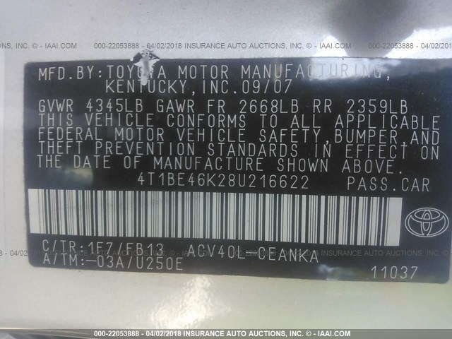 4T1BE46K28U216622 - 2008 TOYOTA CAMRY CE/LE/XLE/SE SILVER photo 9