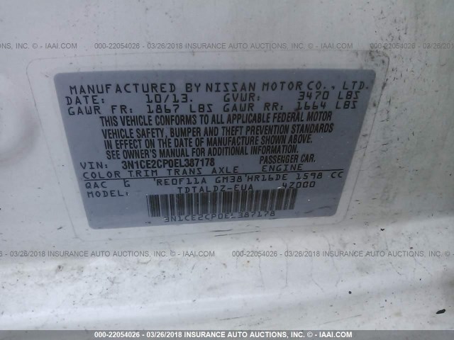 3N1CE2CP0EL387178 - 2014 NISSAN VERSA NOTE S/S PLUS/SV/SL WHITE photo 9