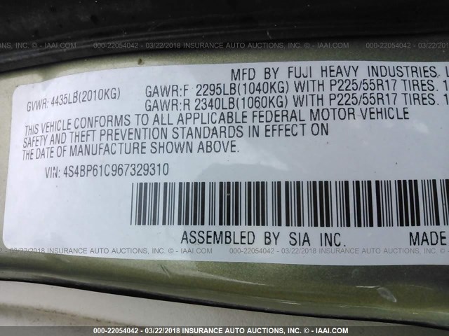 4S4BP61C967329310 - 2006 SUBARU LEGACY OUTBACK 2.5I GREEN photo 9