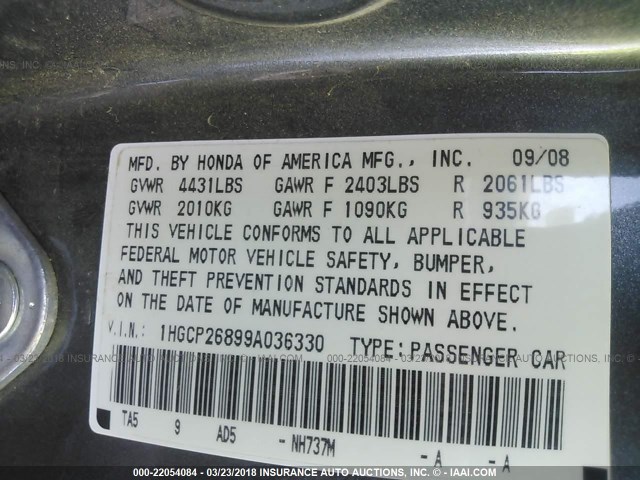 1HGCP26899A036330 - 2009 HONDA ACCORD EXL GRAY photo 9