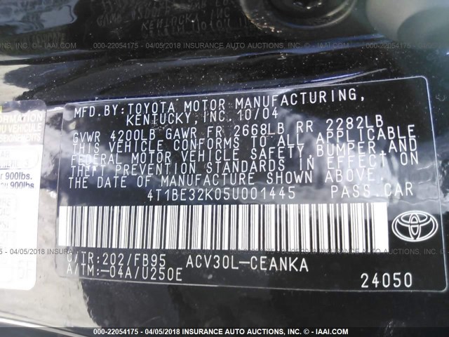 4T1BE32K05U001445 - 2005 TOYOTA CAMRY LE/XLE/SE BLACK photo 9