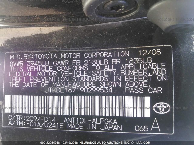 JTKDE167190299534 - 2009 TOYOTA SCION TC 黑色 照片 9