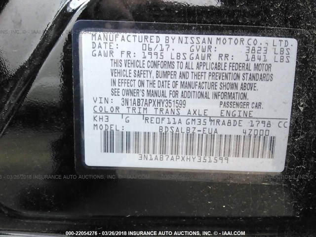 3N1AB7APXHY351599 - 2017 NISSAN SENTRA S/SV/SR/SL BLACK photo 9