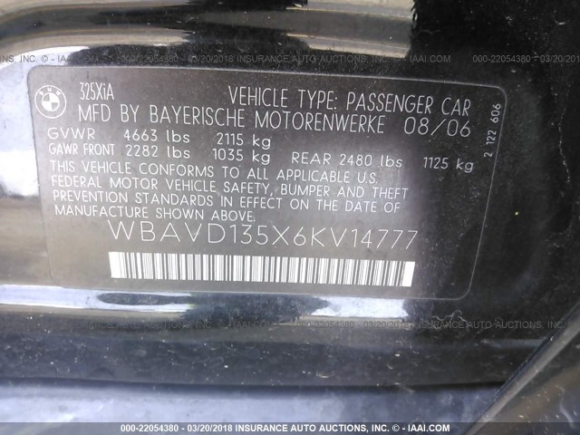 WBAVD135X6KV14777 - 2006 BMW 325 XI BLACK photo 9