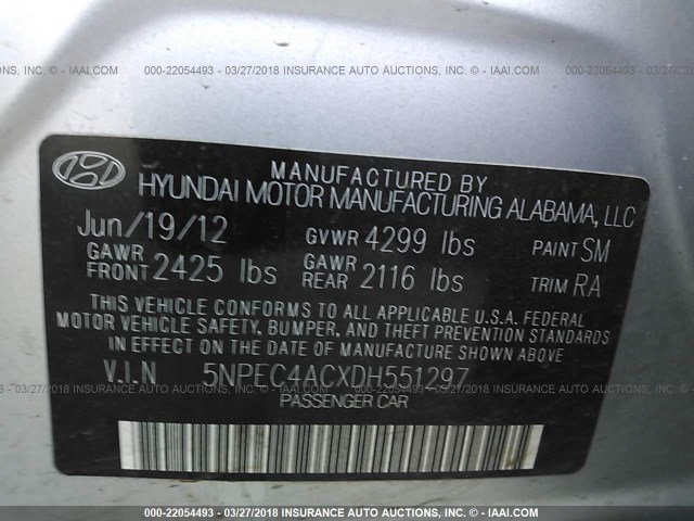 5NPEC4ACXDH551297 - 2013 HYUNDAI SONATA SE/LIMITED SILVER photo 9