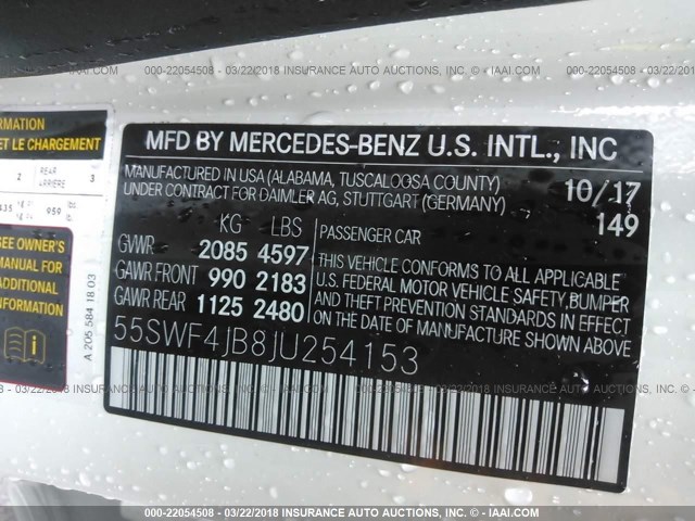 55SWF4JB8JU254153 - 2018 MERCEDES-BENZ C 300 WHITE photo 9