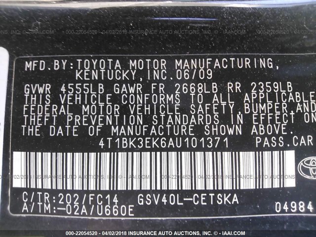 4T1BK3EK6AU101371 - 2010 TOYOTA CAMRY SE/LE/XLE BLACK photo 9
