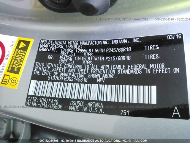 5TDZKRFH3GS145818 - 2016 TOYOTA HIGHLANDER LE/LE PLUS SILVER photo 9