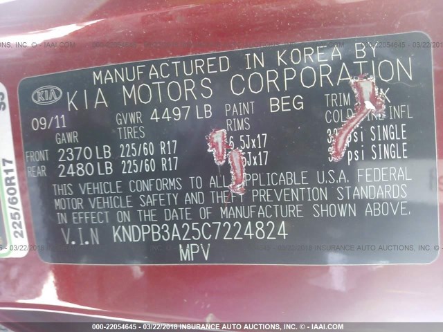 KNDPB3A25C7224824 - 2012 KIA SPORTAGE LX RED photo 9