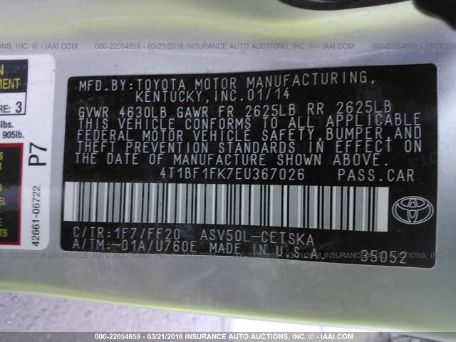 4T1BF1FK7EU367026 - 2014 TOYOTA CAMRY L/SE/LE/XLE 银色 照片 9