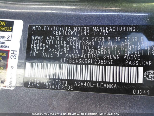 4T1BE46K98U238956 - 2008 TOYOTA CAMRY CE/LE/XLE/SE GRAY photo 9