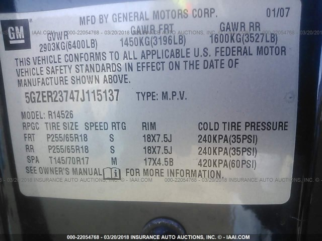 5GZER23747J115137 - 2007 SATURN OUTLOOK XR ლურჯი ფოტო 9