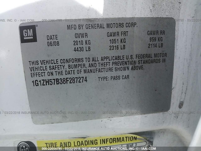 1G1ZH57B38F287274 - 2008 CHEVROLET MALIBU 1LT 白色 照片 9