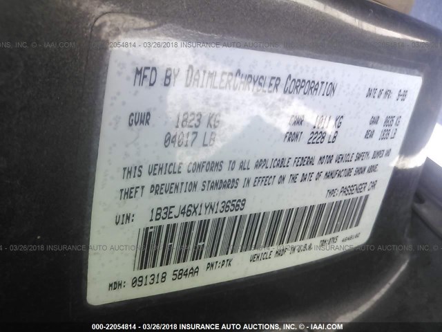 1B3EJ46X1YN136569 - 2000 DODGE STRATUS SE GRAY photo 9