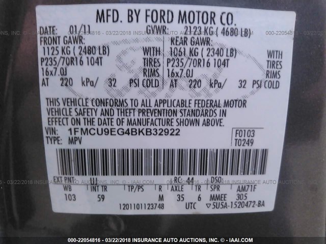 1FMCU9EG4BKB32922 - 2011 FORD ESCAPE LIMITED GRAY photo 9