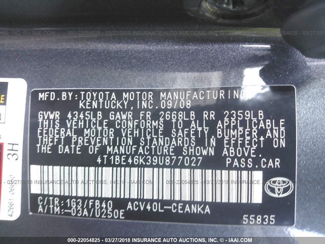4T1BE46K39U877027 - 2009 TOYOTA CAMRY SE/LE/XLE 灰色 照片 9