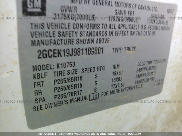 2GCEK19J981189801 - 2008 CHEVROLET SILVERADO K1500 SILVER photo 9