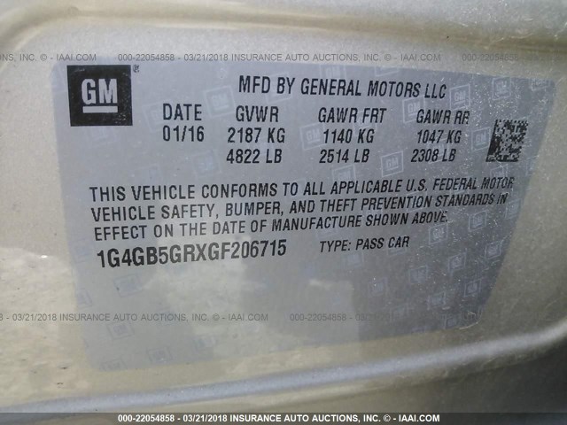 1G4GB5GRXGF206715 - 2016 BUICK LACROSSE 金色 照片 9