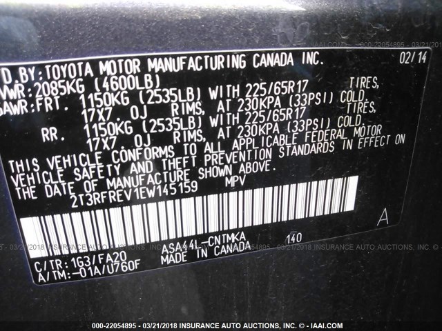 2T3RFREV1EW145159 - 2014 TOYOTA RAV4 XLE GRAY photo 9