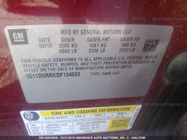 1G11D5RRXDF104823 - 2013 CHEVROLET MALIBU 1LT 红色 照片 9