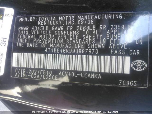 4T1BE46K99U887870 - 2009 TOYOTA CAMRY SE/LE/XLE BLACK photo 9
