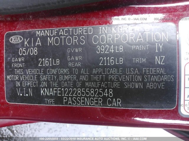 KNAFE122285582548 - 2008 KIA SPECTRA EX/LX/SX RED photo 9