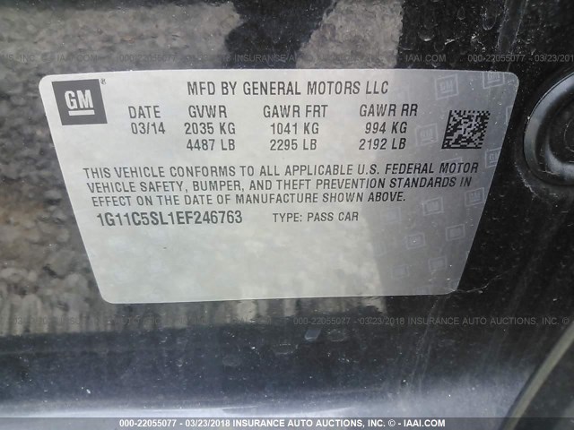 1G11C5SL1EF246763 - 2014 CHEVROLET MALIBU 1LT BLACK photo 9