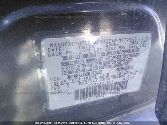 3N1AB7AP8DL773555 - 2013 NISSAN SENTRA S/SV/SR/SL GRAY photo 9