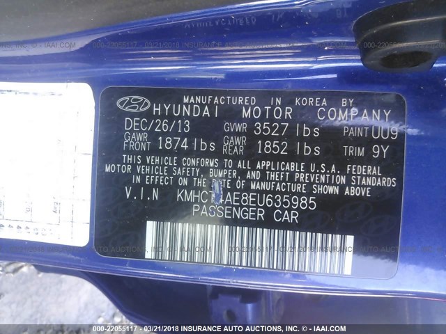 KMHCT4AE8EU635985 - 2014 HYUNDAI ACCENT GLS/GS BLUE photo 9