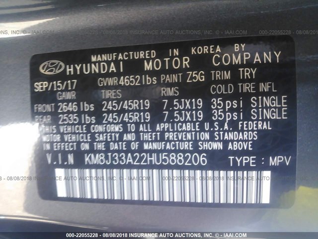 KM8J33A22HU588206 - 2017 HYUNDAI TUCSON LIMITED/SPORT AND ECO/SE GRAY photo 9