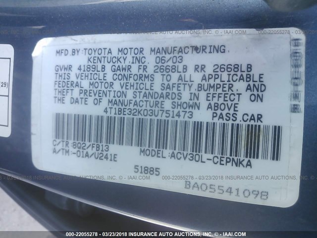 4T1BE32K03U751473 - 2003 TOYOTA CAMRY LE/XLE/SE BLUE photo 9