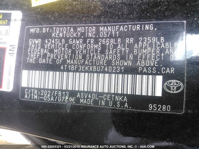 4T1BF3EKXBU740231 - 2011 TOYOTA CAMRY SE/LE/XLE BLACK photo 9