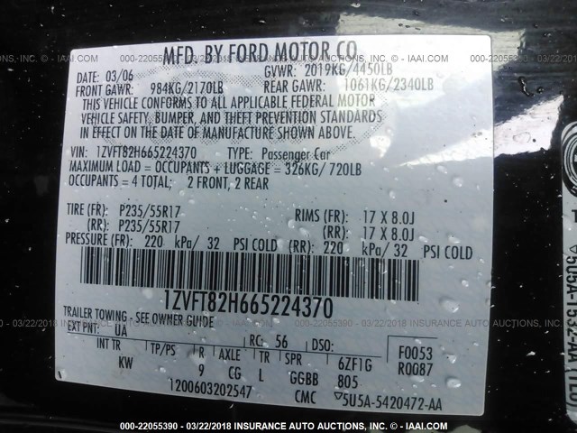 1ZVFT82H665224370 - 2006 FORD MUSTANG GT BLACK photo 9