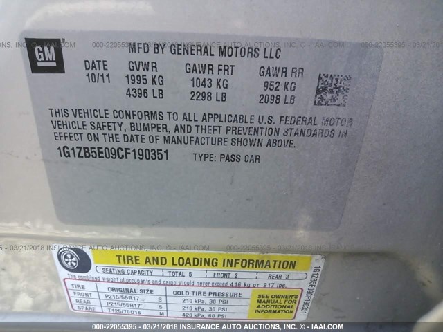 1G1ZB5E09CF190351 - 2012 CHEVROLET MALIBU LS GRAY photo 9