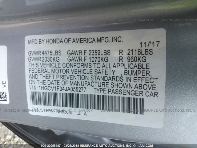 1HGCV1F34JA055277 - 2018 HONDA ACCORD SPORT SILVER photo 9