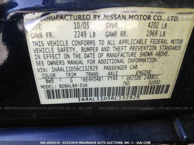 1N4AL11D56C132929 - 2006 NISSAN ALTIMA S/SL ლურჯი ფოტო 9