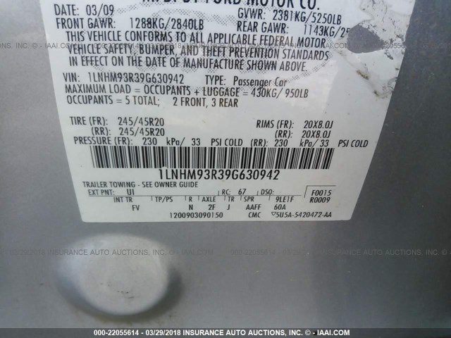1LNHM93R39G630942 - 2009 LINCOLN MKS SILVER photo 9